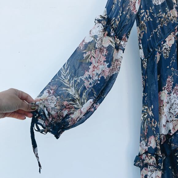 ASOS Tiered Chiffon Sheer Long Sleeve Midi Dress Navy Floral 2 Boho Flowy - Picture 7 of 12